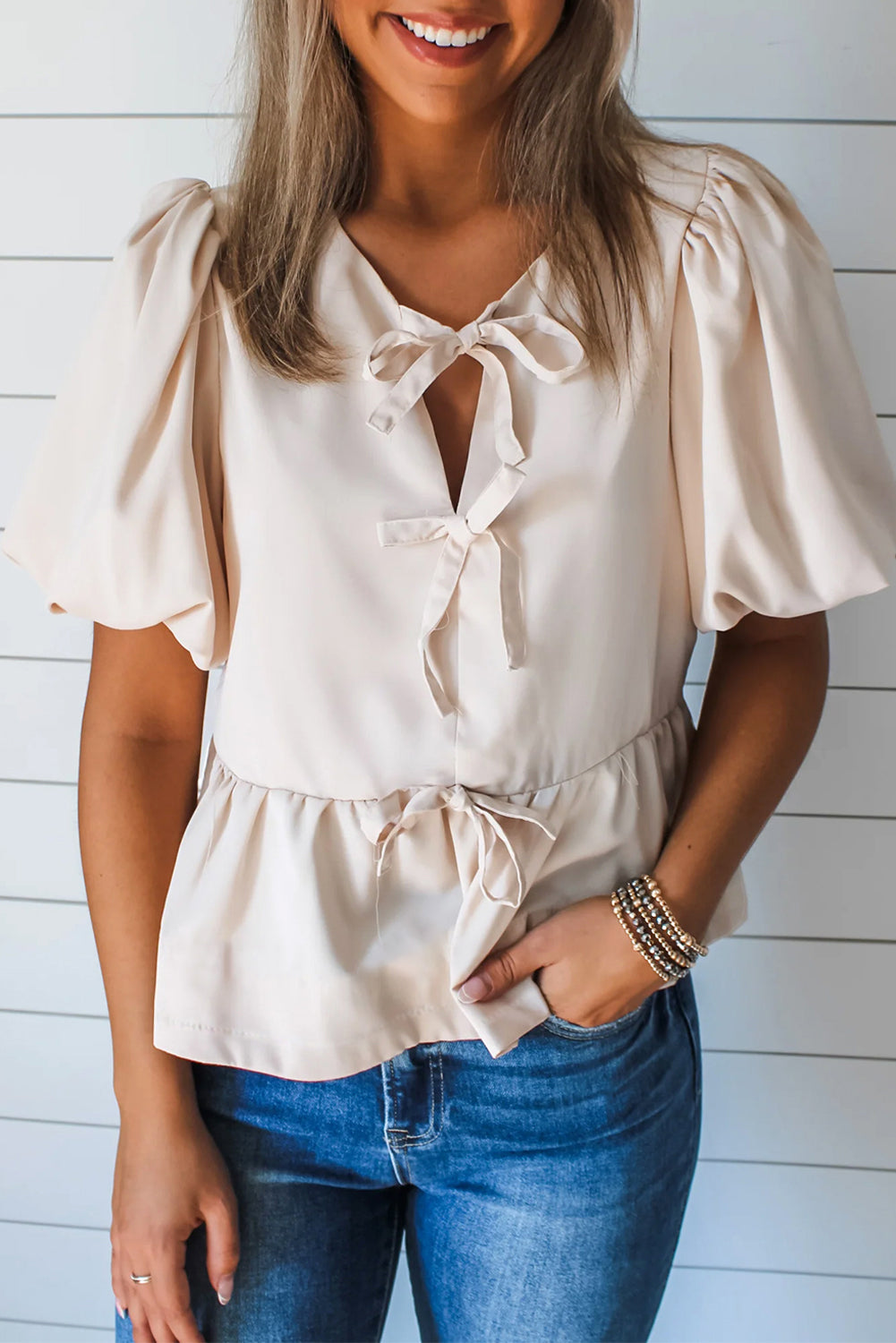 White Bow Tie Short Puff Sleeve Ruffle Hem Blouse - Magnolia Taken Moments