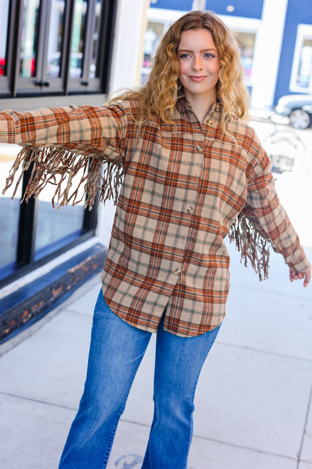 Boldly You Taupe & Rust Flannel Plaid Fringe Jacket - Magnolia Taken Moments