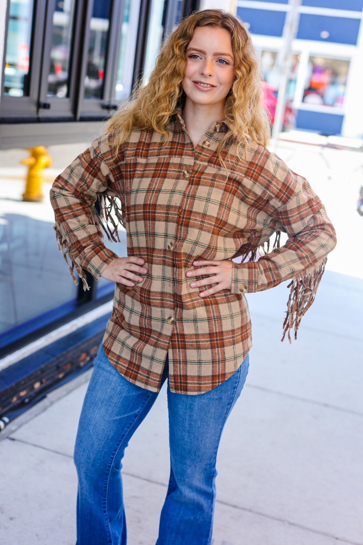 Boldly You Taupe & Rust Flannel Plaid Fringe Jacket - Magnolia Taken Moments