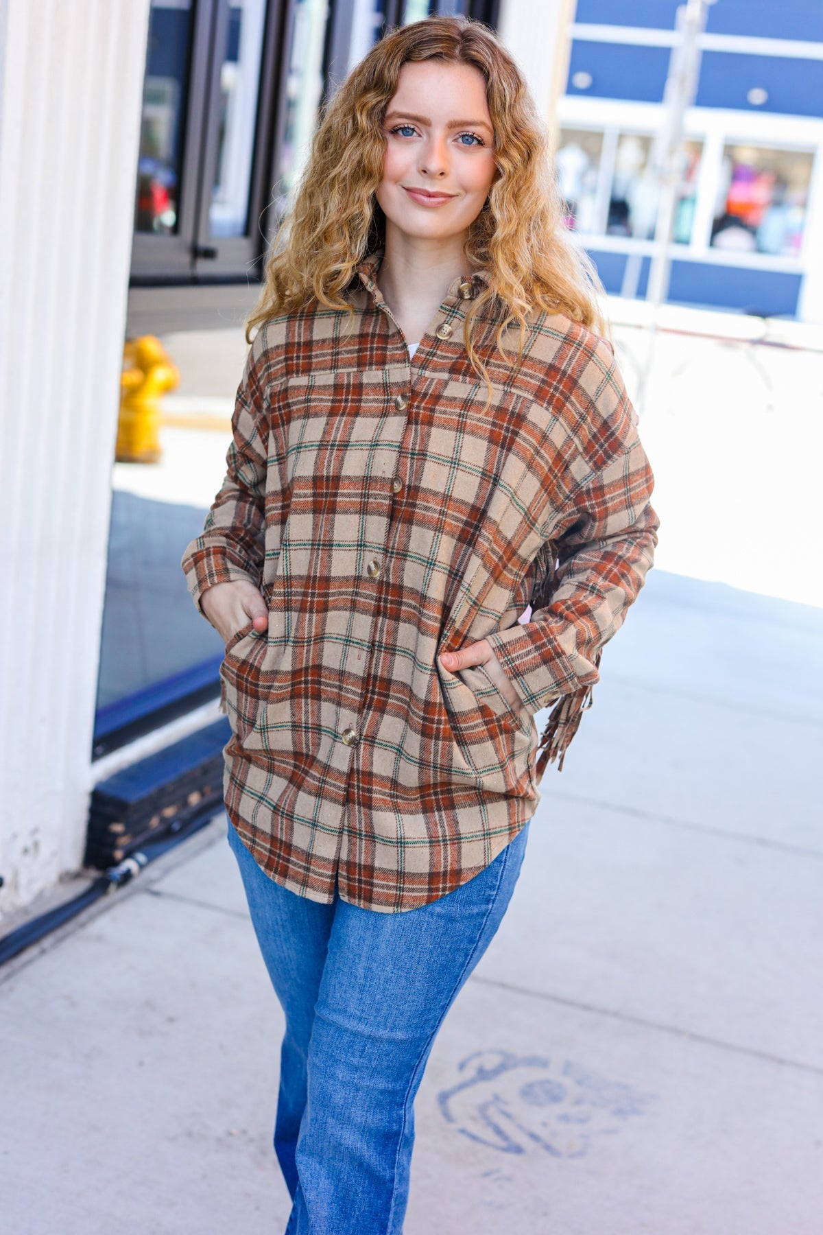 Boldly You Taupe & Rust Flannel Plaid Fringe Jacket - Magnolia Taken Moments