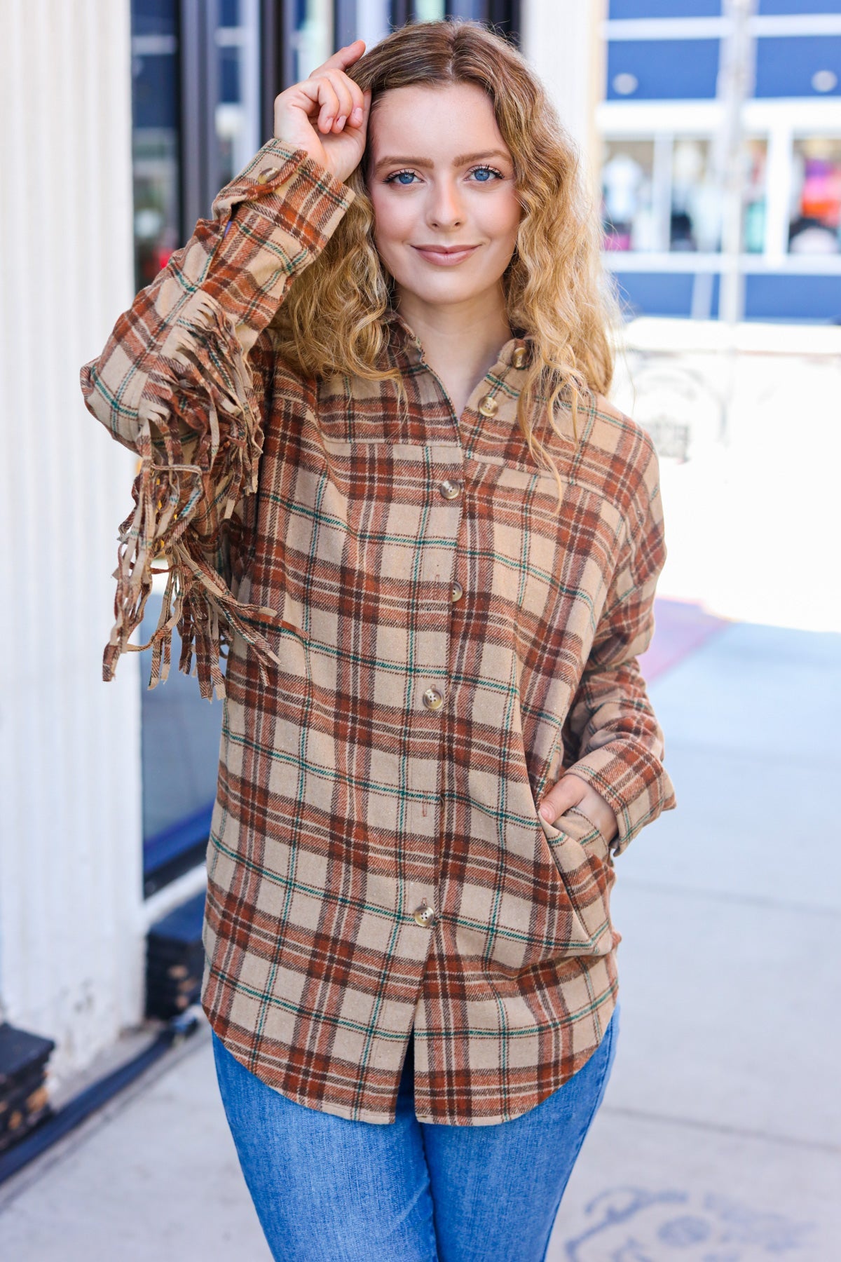 Boldly You Taupe & Rust Flannel Plaid Fringe Jacket - Magnolia Taken Moments