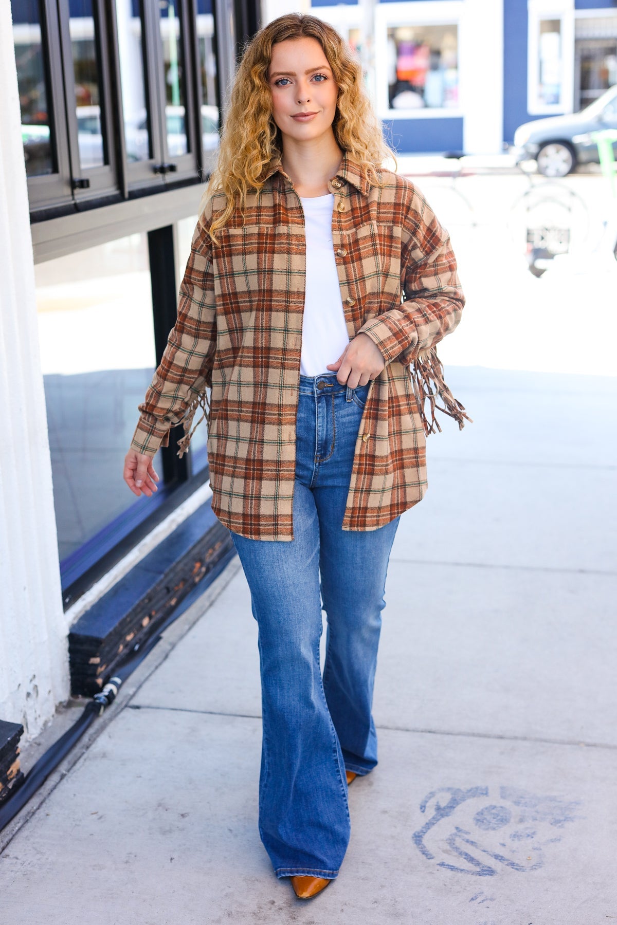 Boldly You Taupe & Rust Flannel Plaid Fringe Jacket - Magnolia Taken Moments