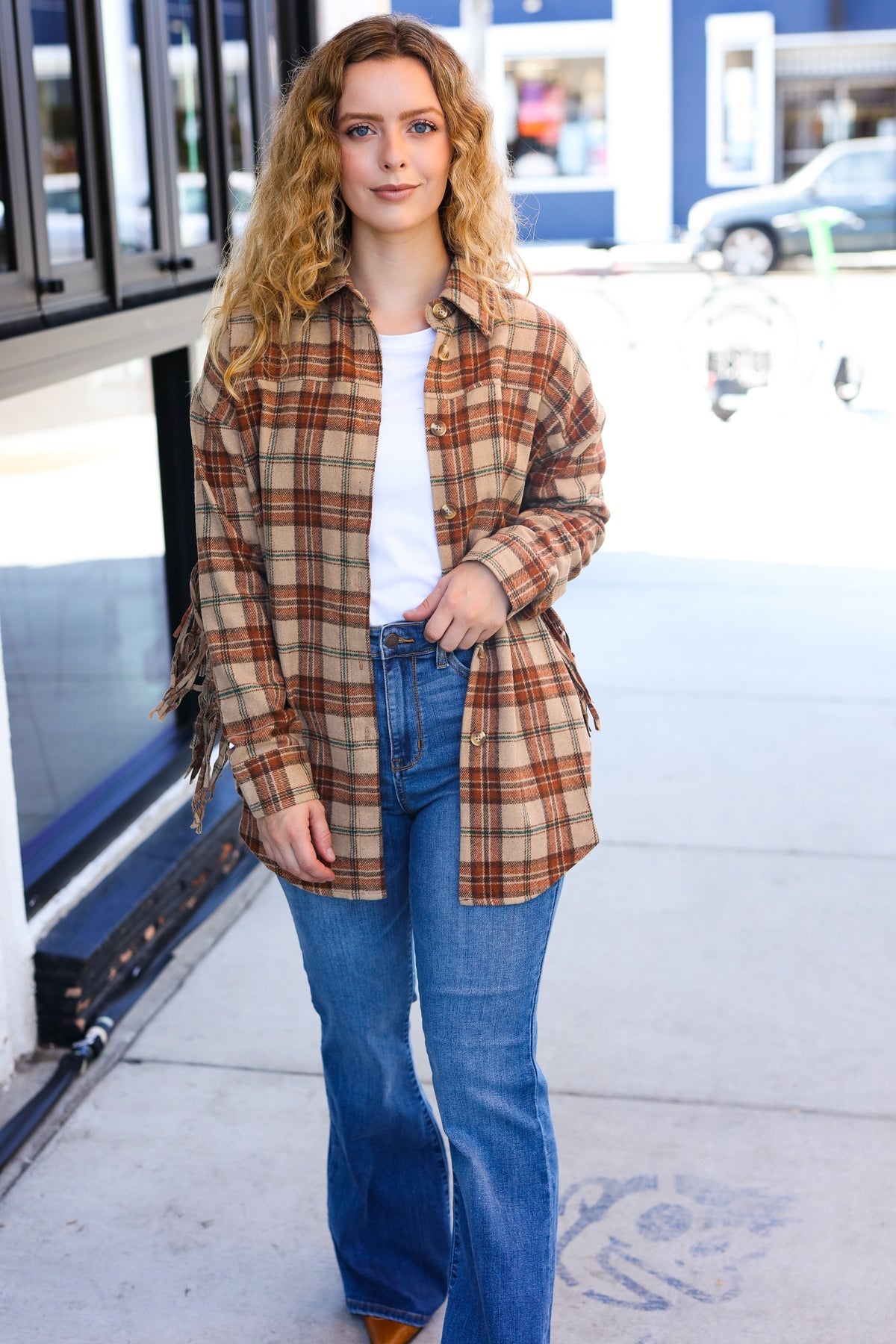 Boldly You Taupe & Rust Flannel Plaid Fringe Jacket - Magnolia Taken Moments