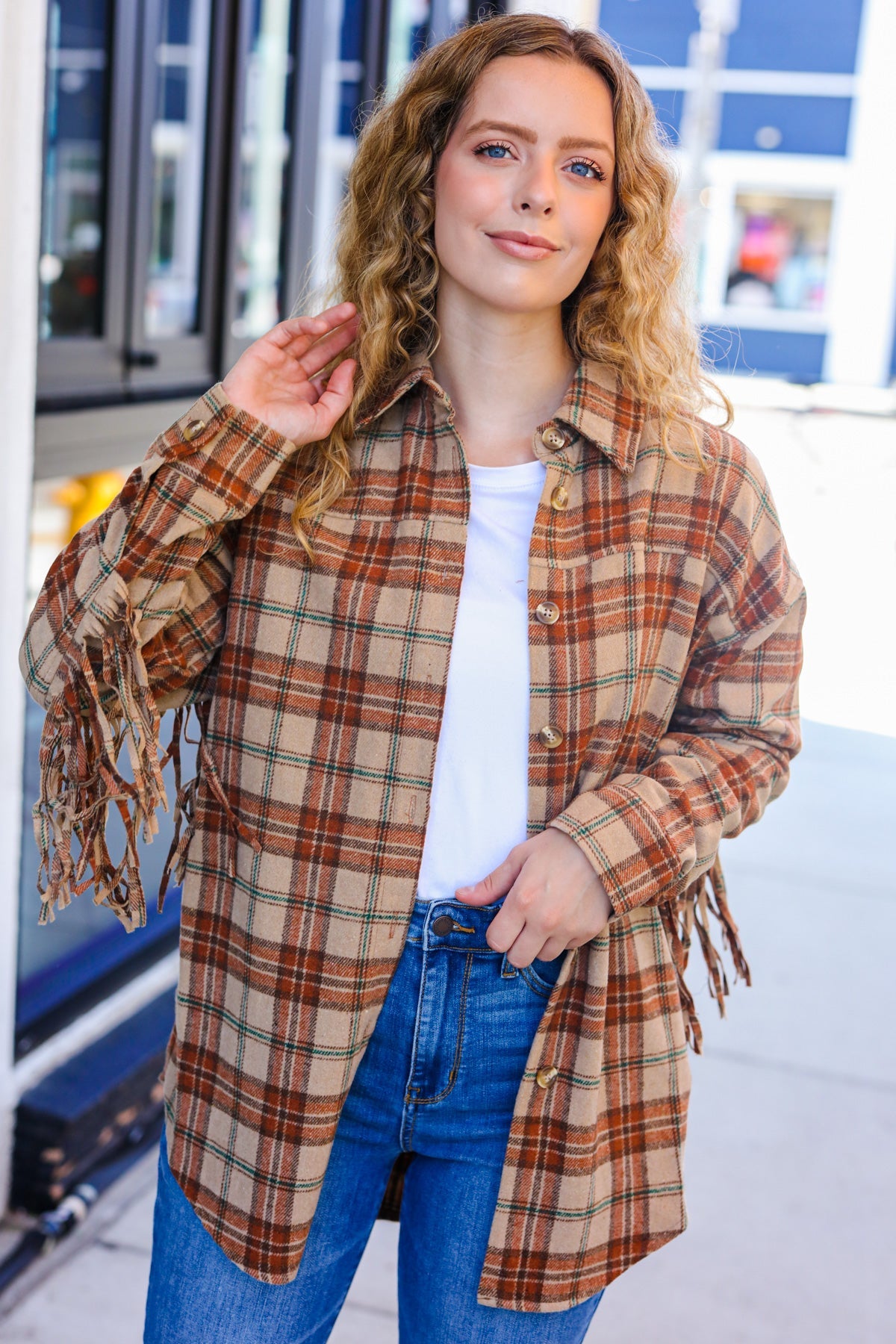 Boldly You Taupe & Rust Flannel Plaid Fringe Jacket - Magnolia Taken Moments