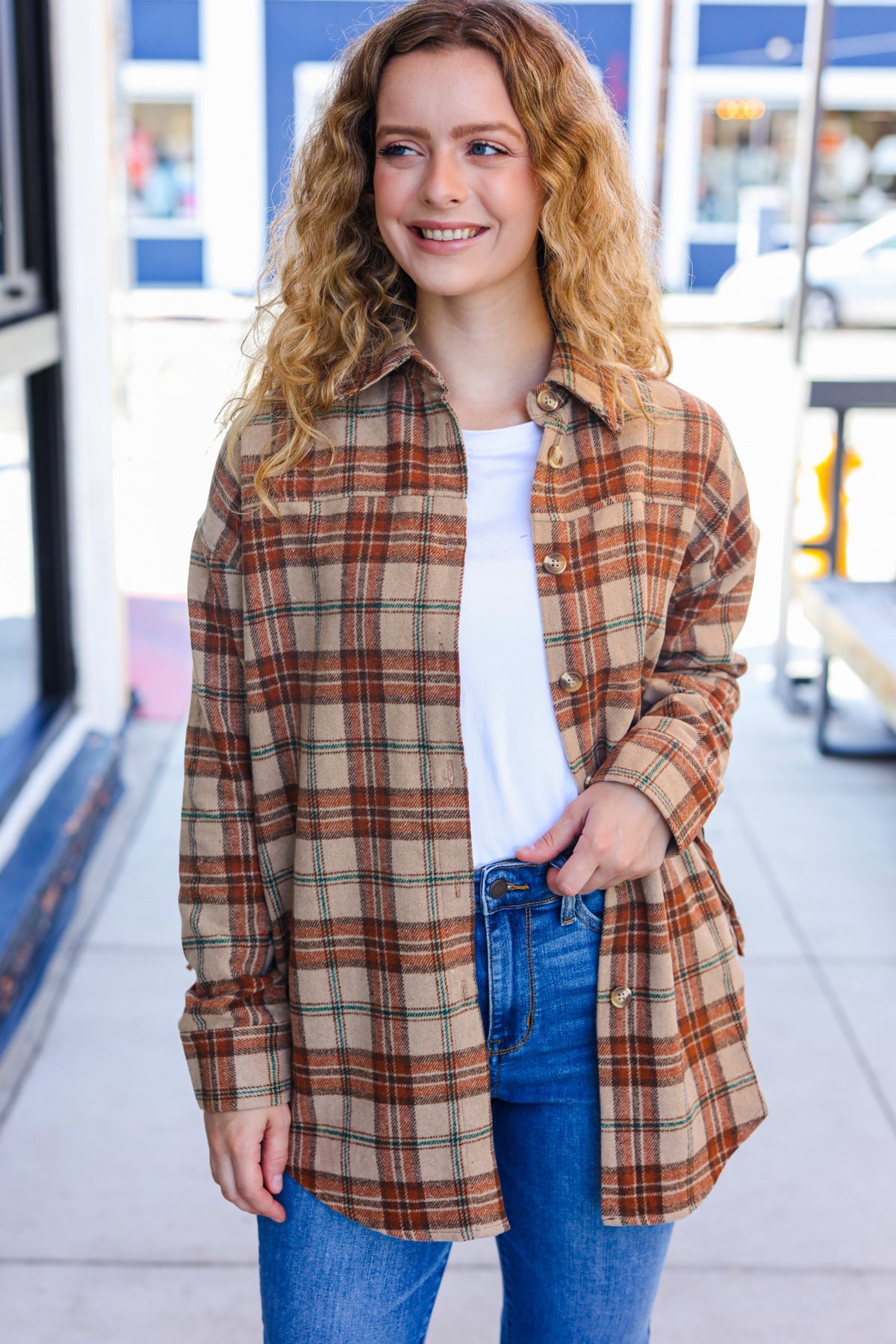 Boldly You Taupe & Rust Flannel Plaid Fringe Jacket - Magnolia Taken Moments