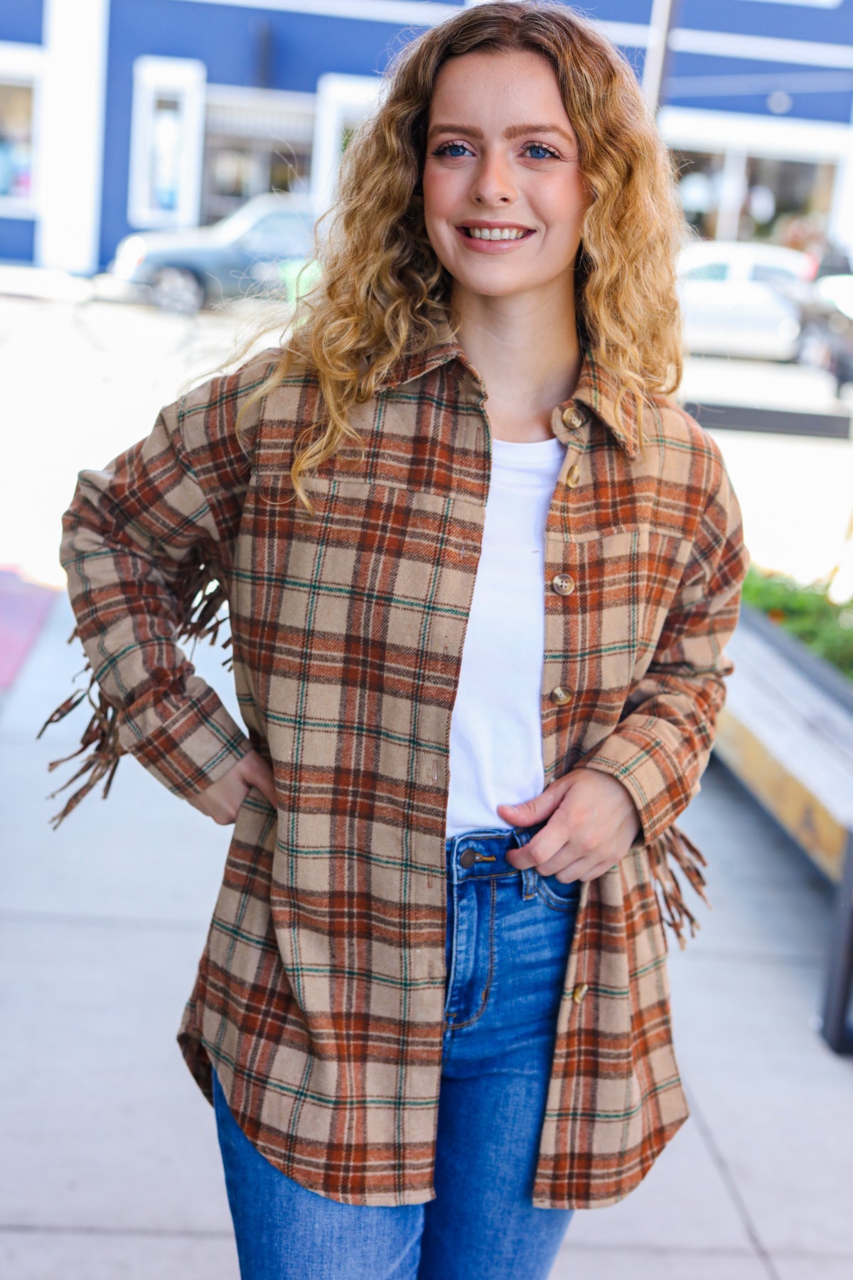 Boldly You Taupe & Rust Flannel Plaid Fringe Jacket - Magnolia Taken Moments