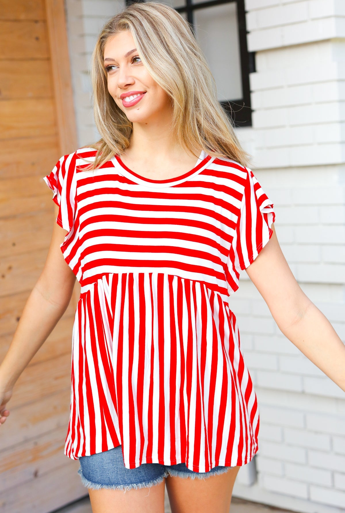 Red Stripe Babydoll Flutter Sleeve Top - Magnolia Taken Moments