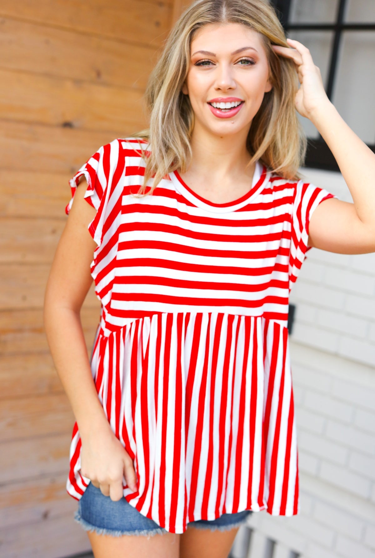 Red Stripe Babydoll Flutter Sleeve Top - Magnolia Taken Moments