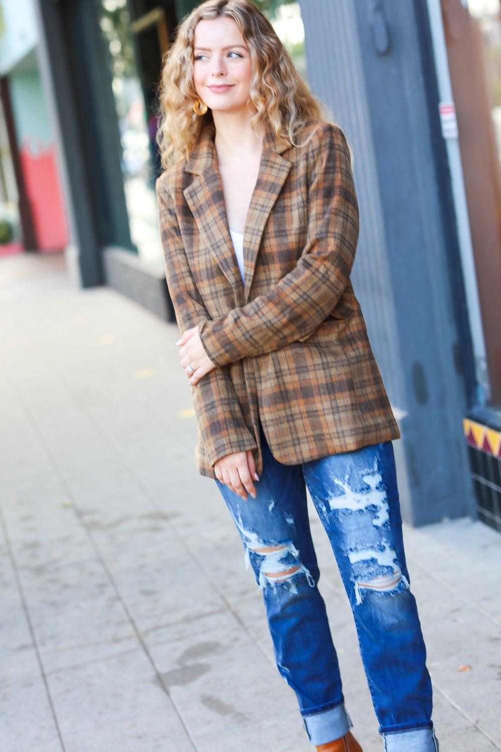 Make It Happen Spice Plaid Tailored Collar Lapel Blazer - Magnolia Taken Moments