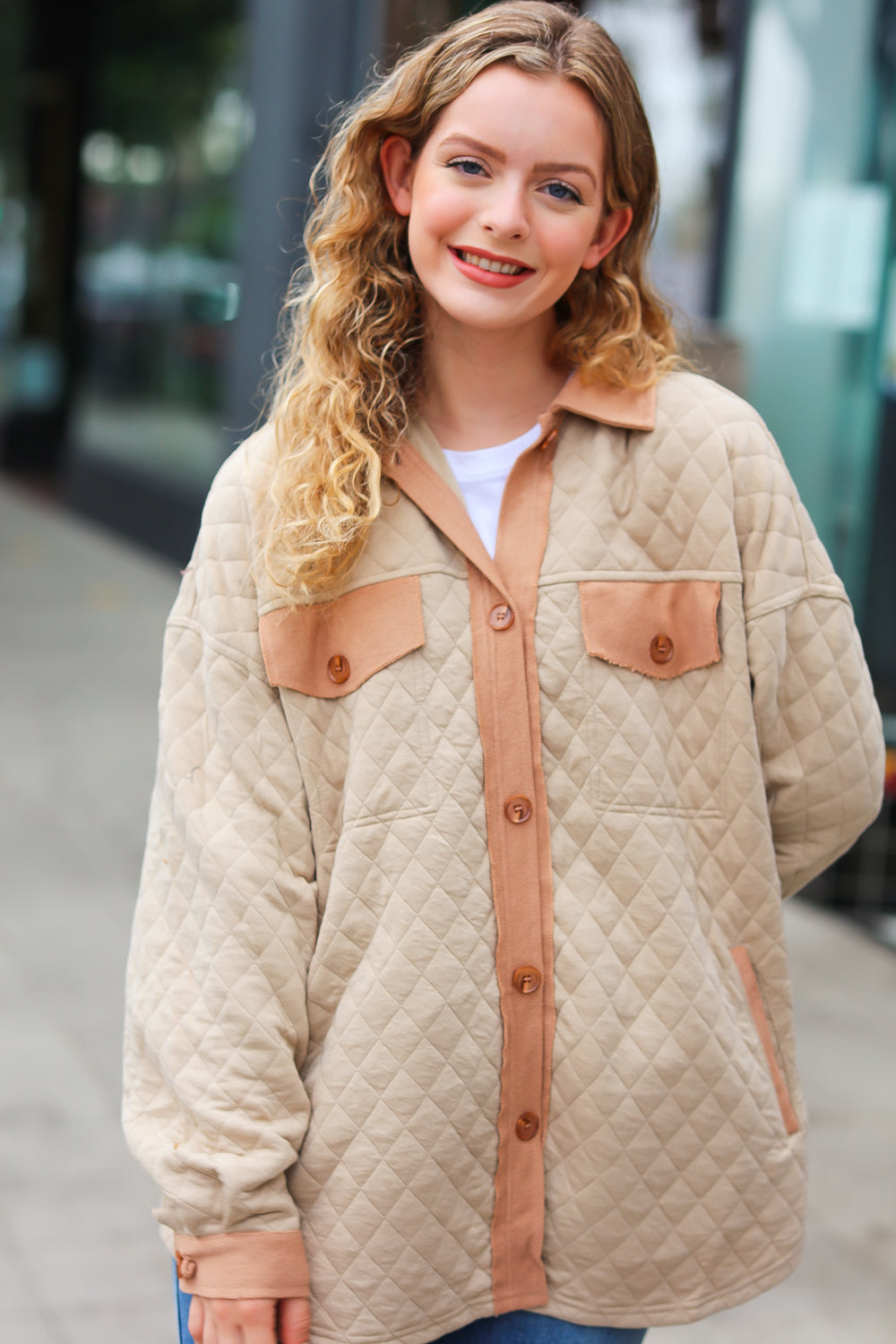 Eyes On You Taupe Quilted Knit Button Down Shacket - Magnolia Taken Moments