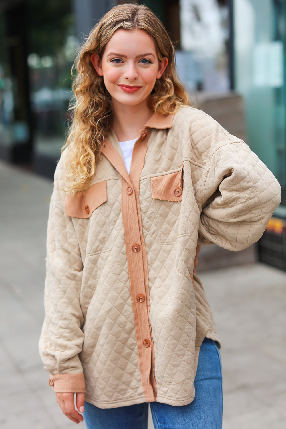Eyes On You Taupe Quilted Knit Button Down Shacket - Magnolia Taken Moments