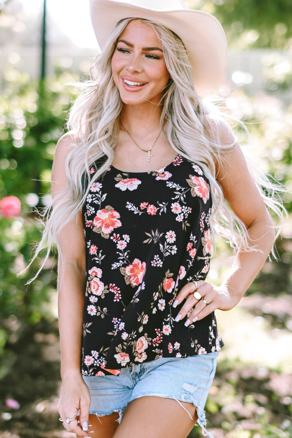 Black Floral Spaghetti Straps Strappy Back Tank Top - Magnolia Taken Moments
