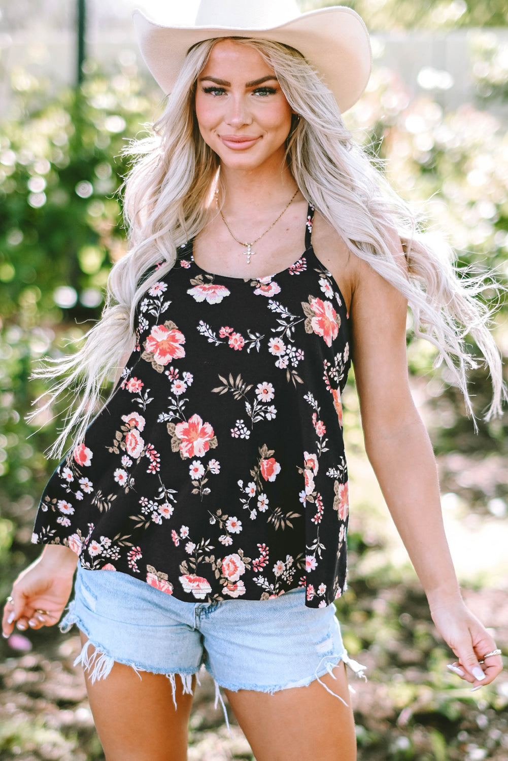 Black Floral Spaghetti Straps Strappy Back Tank Top - Magnolia Taken Moments