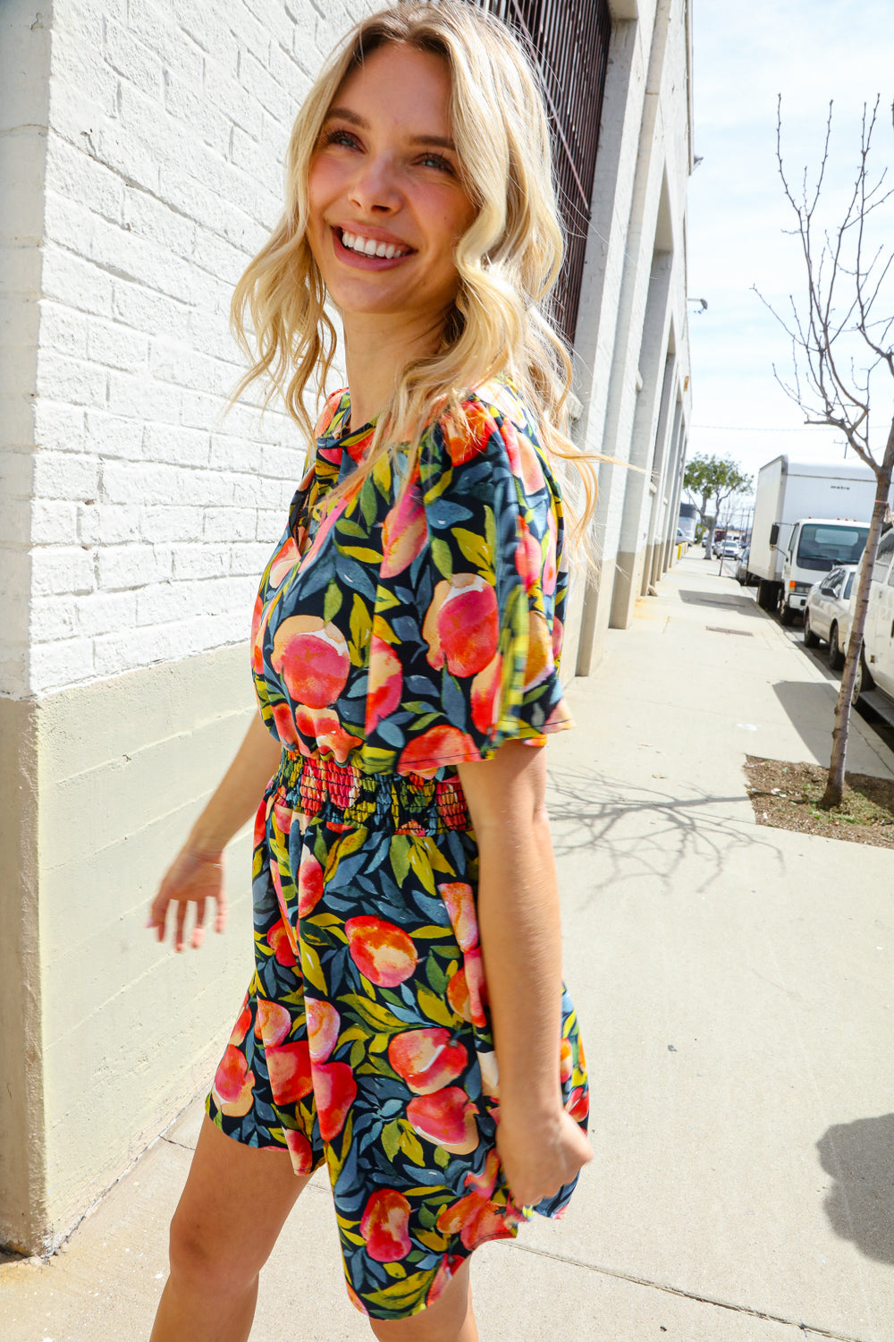 Sunny Days Floral Print Smocked Waist Back Neck Button Romper - Magnolia Taken Moments