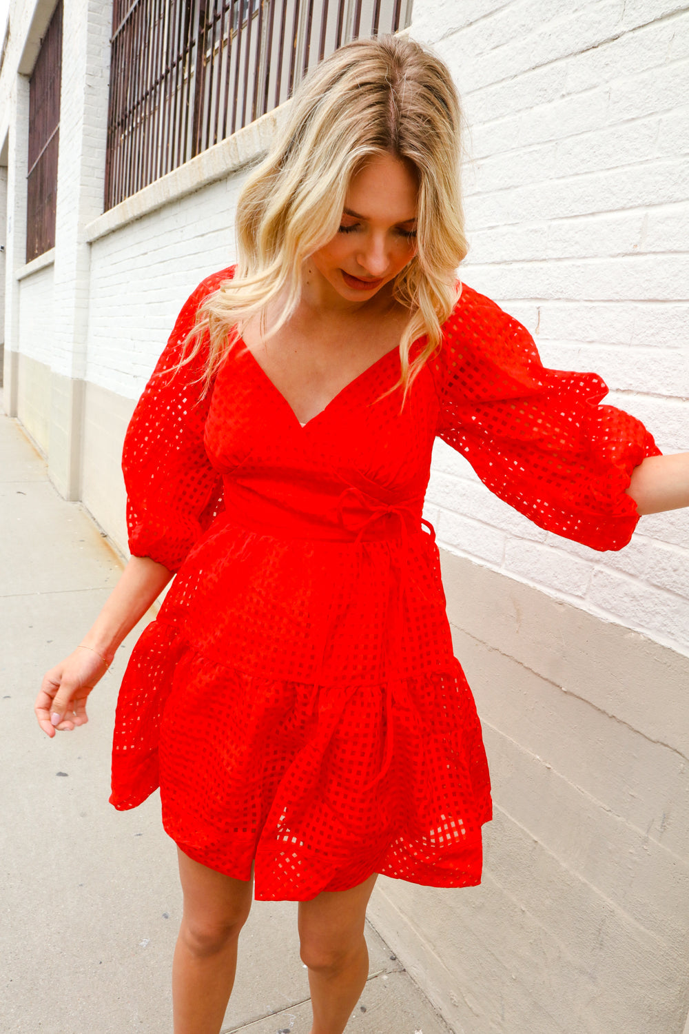 Love Found Red Crepe Sweetheart Wrap Yoke Puff Sleeve Lined Dress - Magnolia Taken Moments