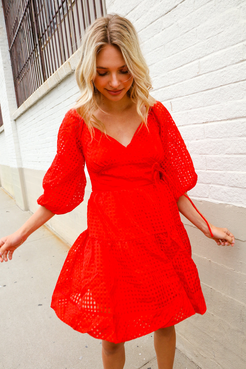 Love Found Red Crepe Sweetheart Wrap Yoke Puff Sleeve Lined Dress - Magnolia Taken Moments