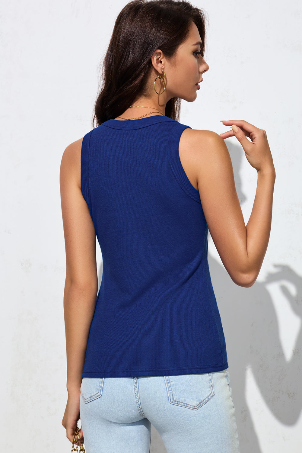 Blue Solid Round Neck Ribbed Tank Top - Magnolia Taken Moments