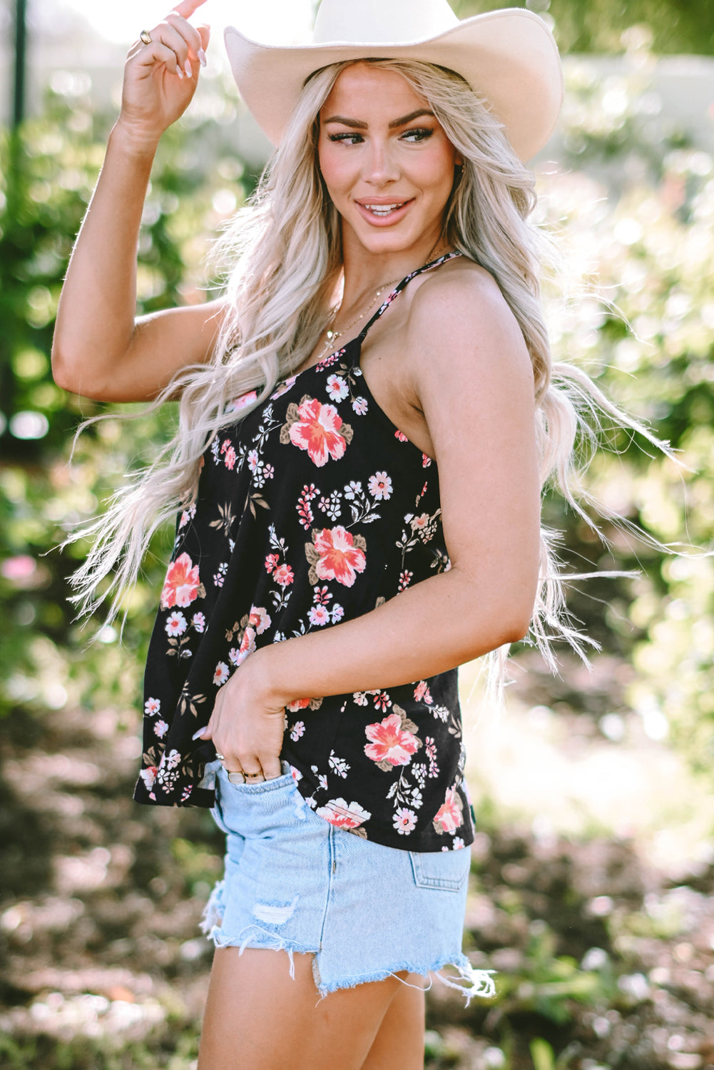 Black Floral Spaghetti Straps Strappy Back Tank Top - Magnolia Taken Moments