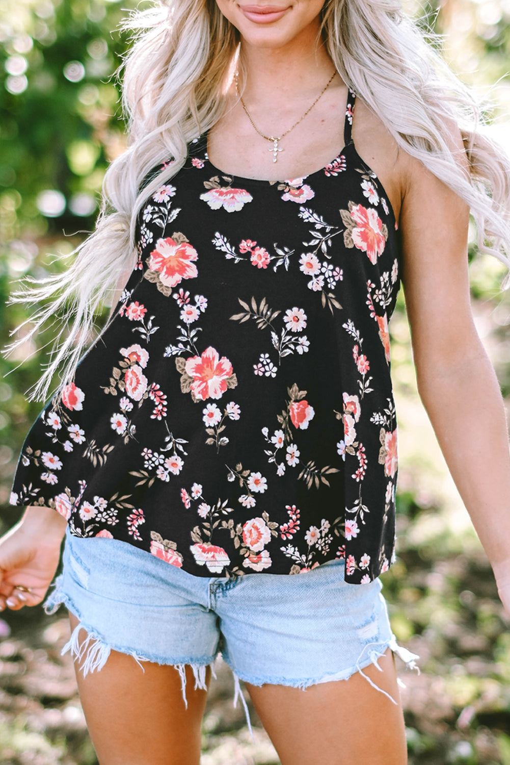 Black Floral Spaghetti Straps Strappy Back Tank Top - Magnolia Taken Moments