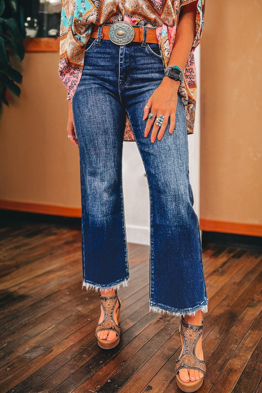 Sail Blue Mineral Wash Raw Hem High Waist Flared Jeans - Magnolia Taken Moments