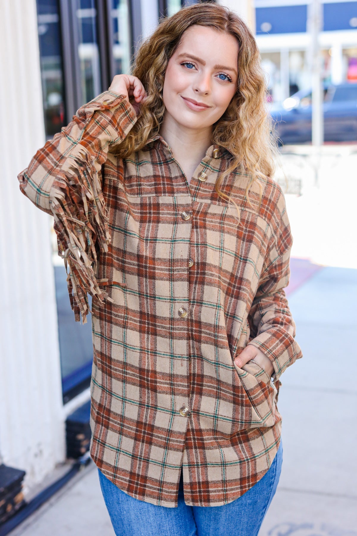 Boldly You Taupe & Rust Flannel Plaid Fringe Jacket - Magnolia Taken Moments