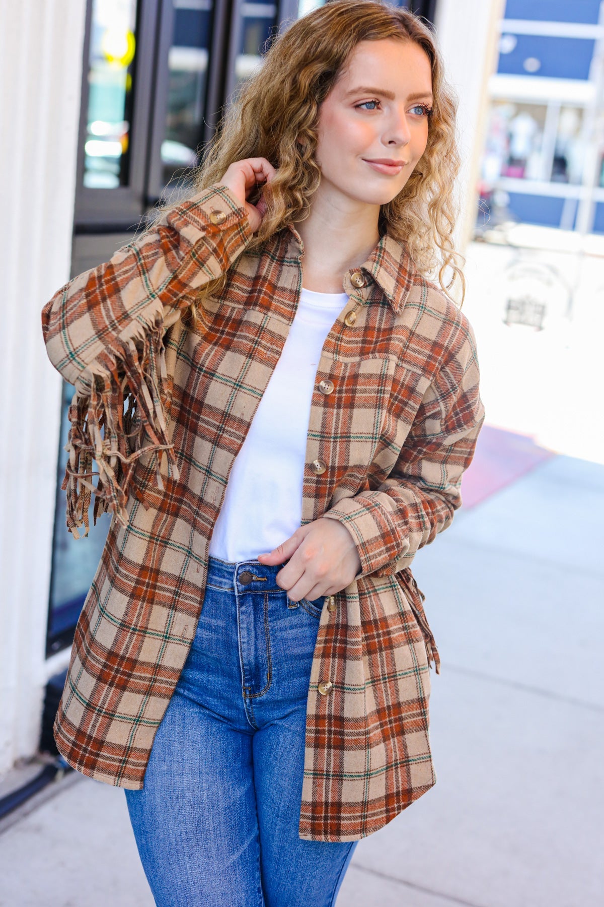 Boldly You Taupe & Rust Flannel Plaid Fringe Jacket - Magnolia Taken Moments