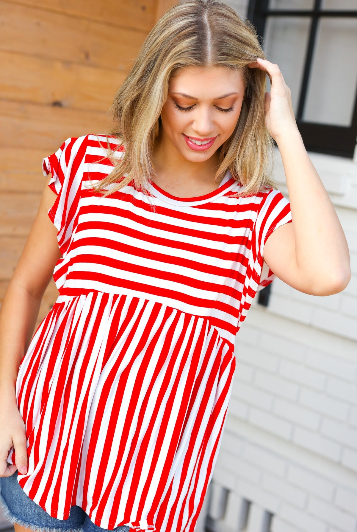 Red Stripe Babydoll Flutter Sleeve Top - Magnolia Taken Moments