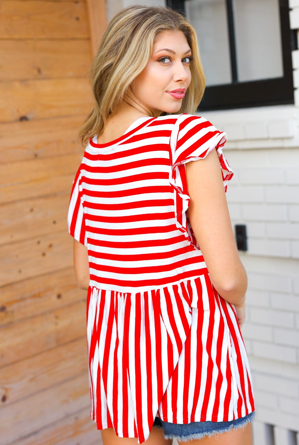 Red Stripe Babydoll Flutter Sleeve Top - Magnolia Taken Moments