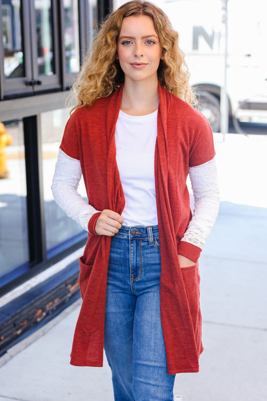 Casual Days Rust Lace Sleeve Front Pocket Hacci Cardigan - Magnolia Taken Moments