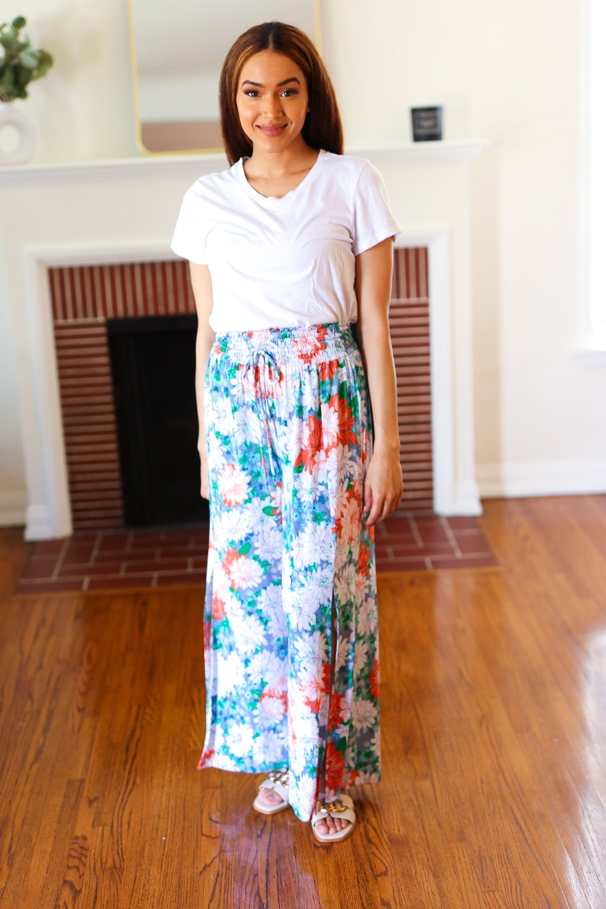 Vacay Vibes Green Floral Smocked Waist Side Slit Palazzo Pants - Magnolia Taken Moments