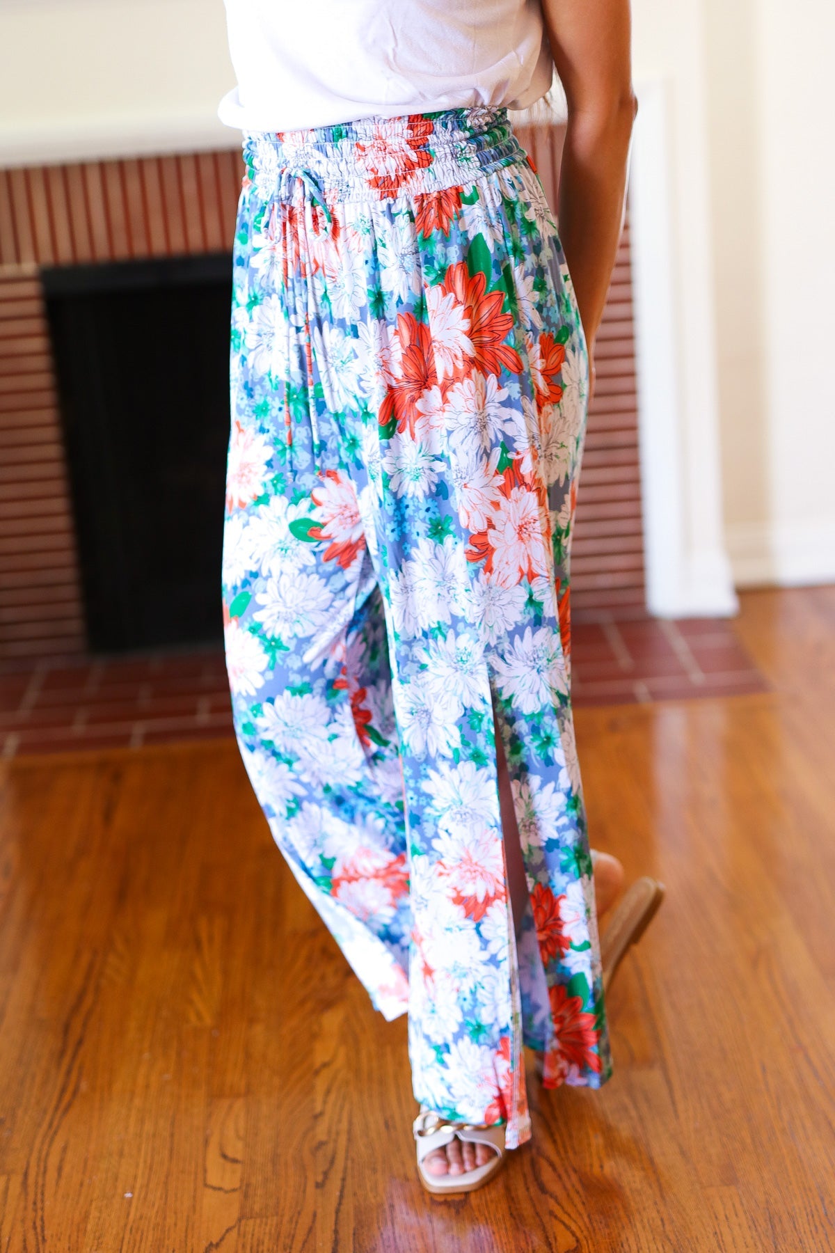 Vacay Vibes Green Floral Smocked Waist Side Slit Palazzo Pants - Magnolia Taken Moments