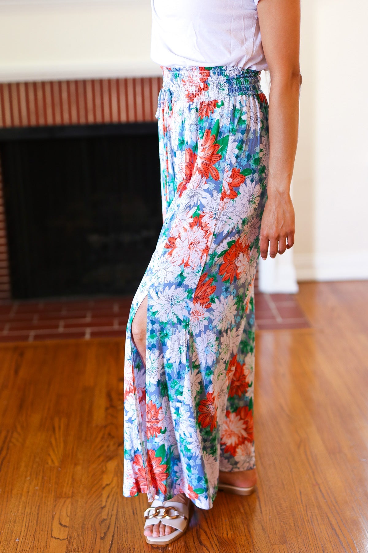 Vacay Vibes Green Floral Smocked Waist Side Slit Palazzo Pants - Magnolia Taken Moments