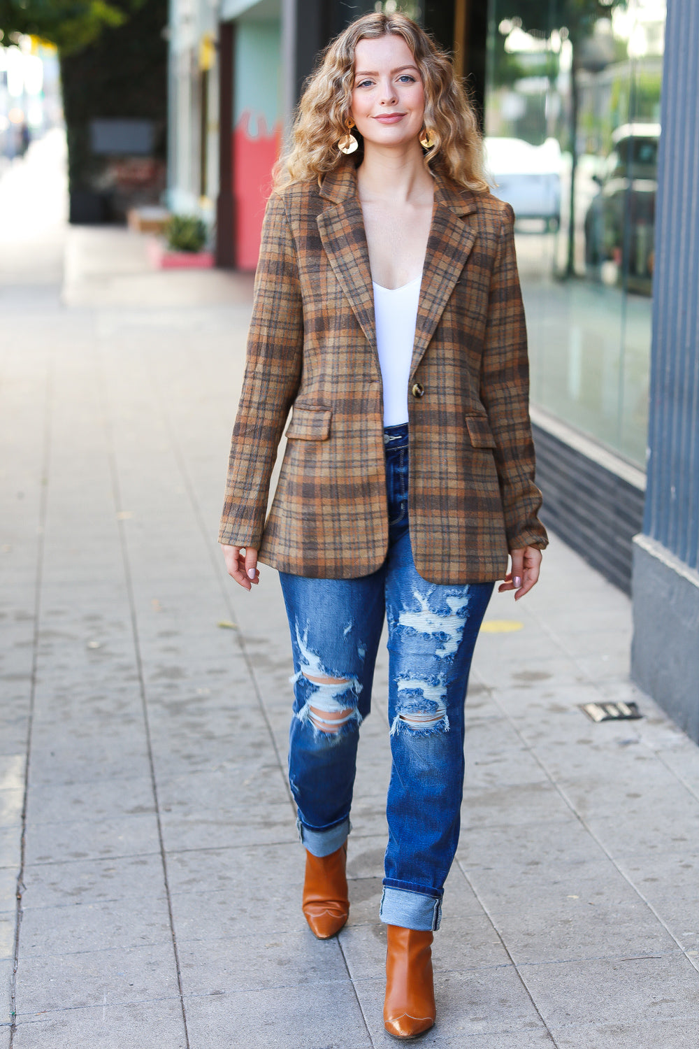 Make It Happen Spice Plaid Tailored Collar Lapel Blazer - Magnolia Taken Moments