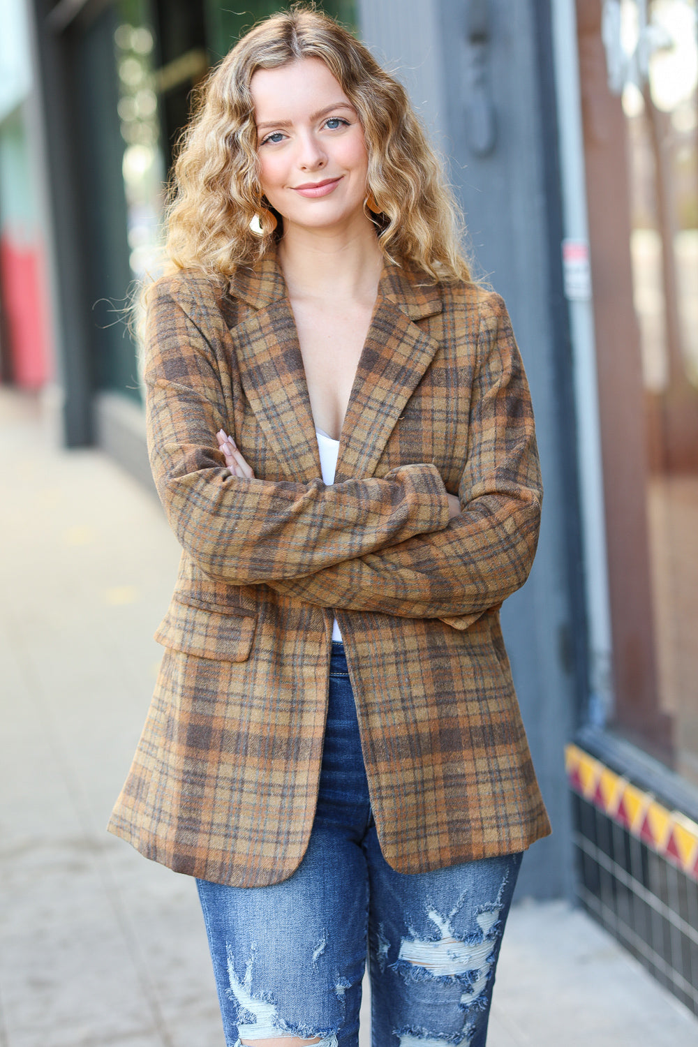 Make It Happen Spice Plaid Tailored Collar Lapel Blazer - Magnolia Taken Moments