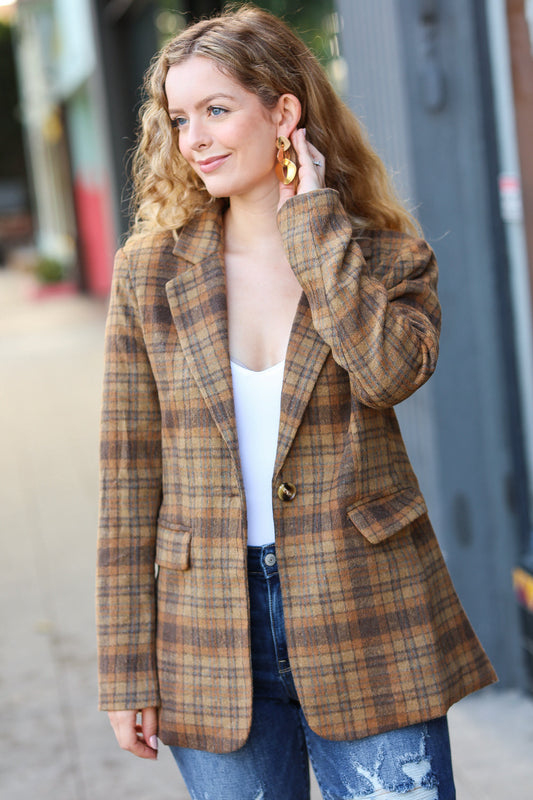 Make It Happen Spice Plaid Tailored Collar Lapel Blazer - Magnolia Taken Moments
