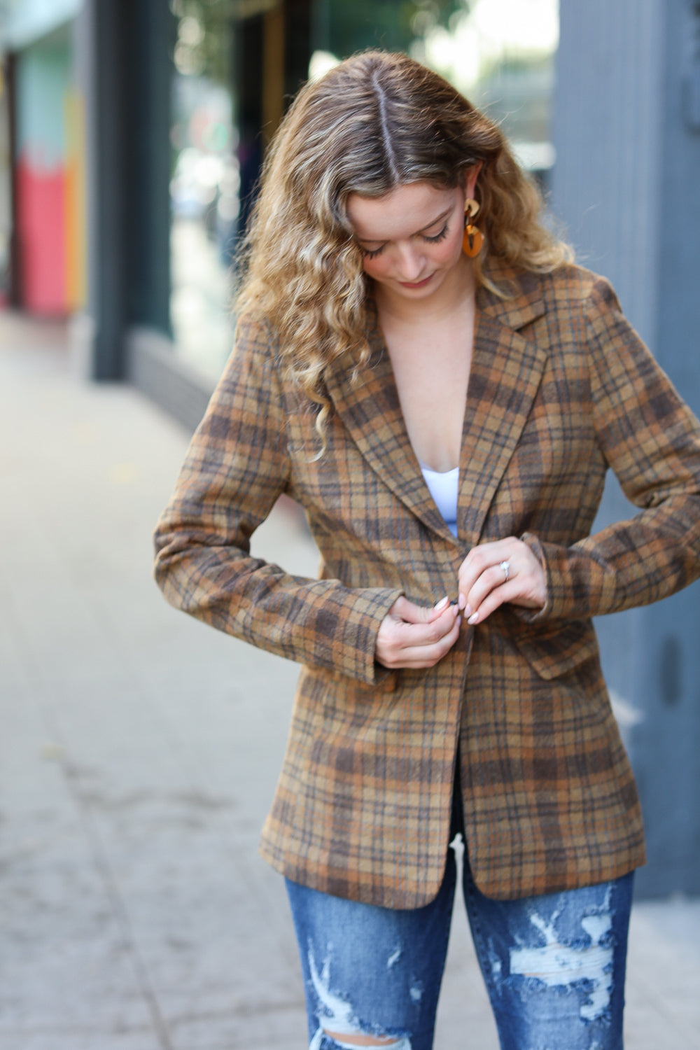 Make It Happen Spice Plaid Tailored Collar Lapel Blazer - Magnolia Taken Moments