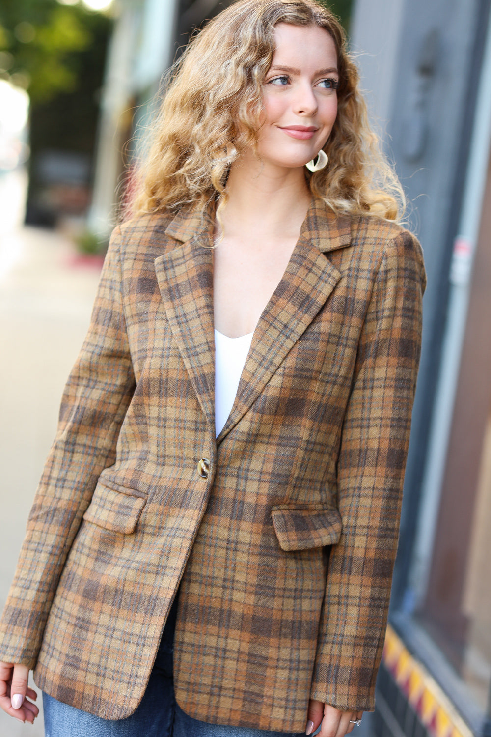 Make It Happen Spice Plaid Tailored Collar Lapel Blazer - Magnolia Taken Moments
