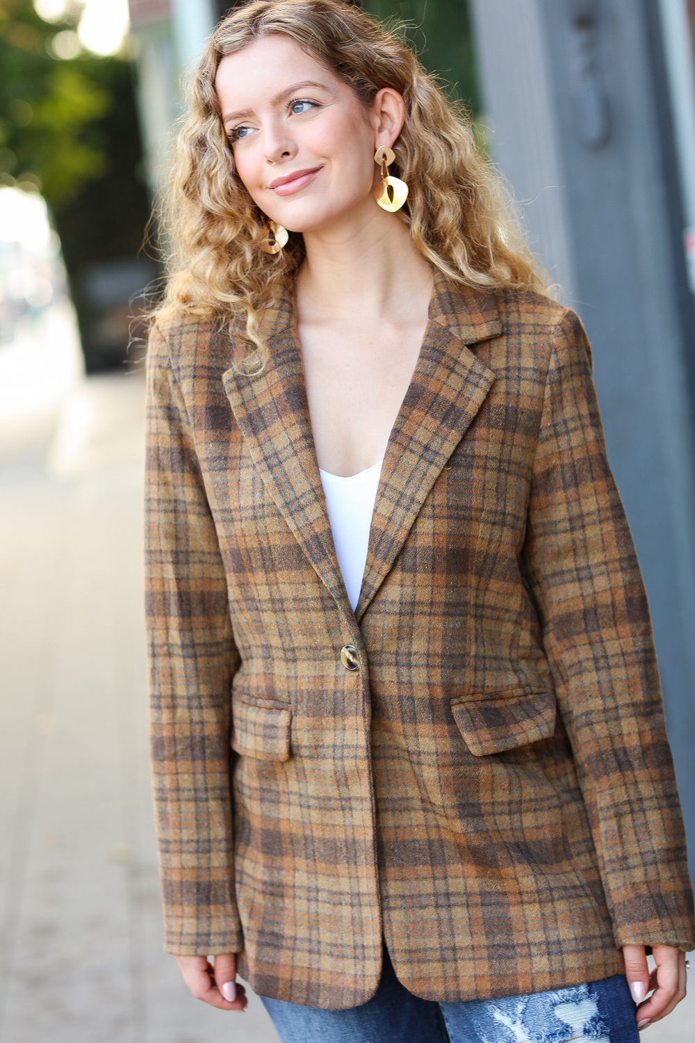 Make It Happen Spice Plaid Tailored Collar Lapel Blazer - Magnolia Taken Moments