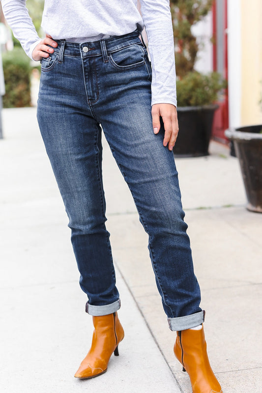 Judy Blue Dark Wash Mid Rise Cuffed Slim Fit Jeans - Magnolia Taken Moments