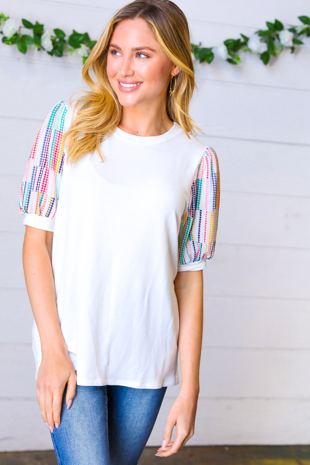Ivory Multicolor Vertical Stripe Puff Sleeve Top - Magnolia Taken Moments