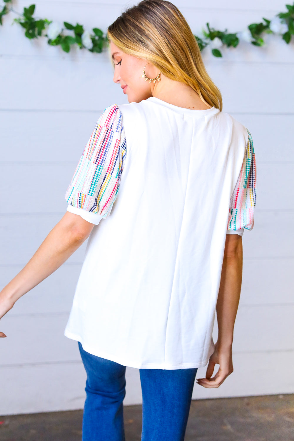Ivory Multicolor Vertical Stripe Puff Sleeve Top - Magnolia Taken Moments