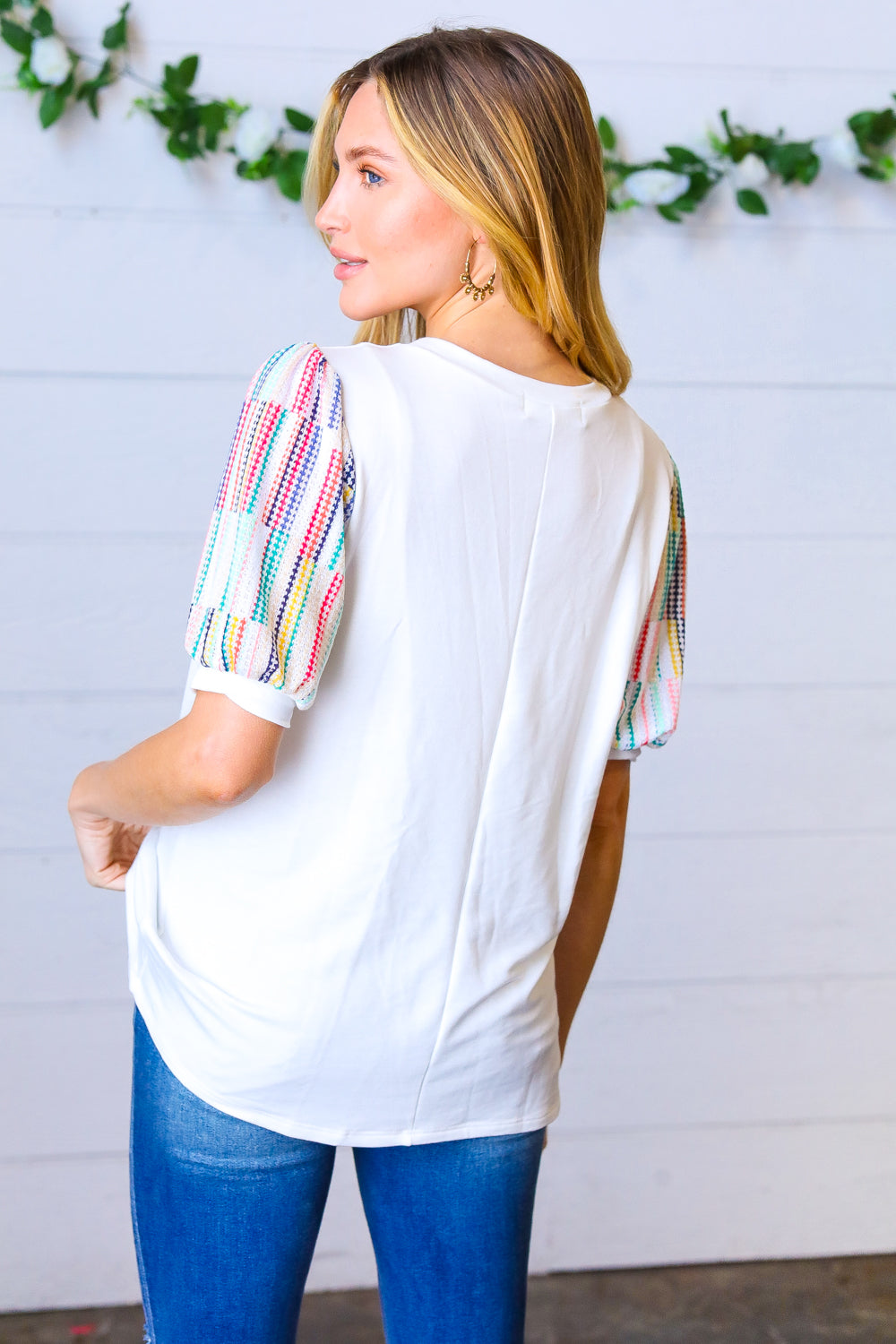 Ivory Multicolor Vertical Stripe Puff Sleeve Top - Magnolia Taken Moments