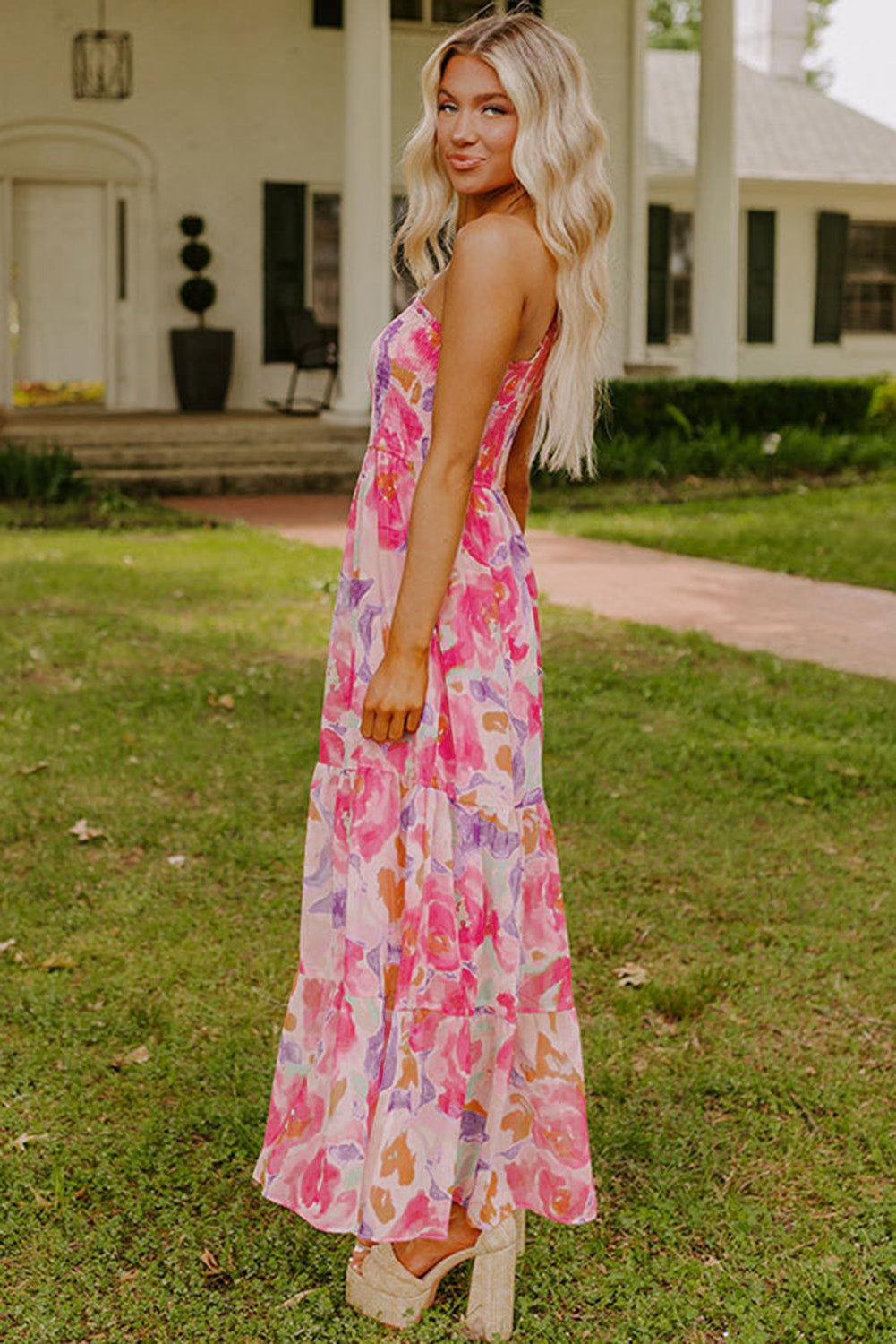 Pink Abstract Floral Print Shirred One Shoulder Maxi Dress - Magnolia Taken Moments