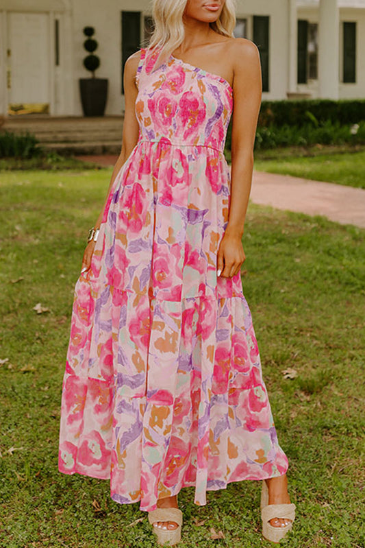 Pink Abstract Floral Print Shirred One Shoulder Maxi Dress - Magnolia Taken Moments