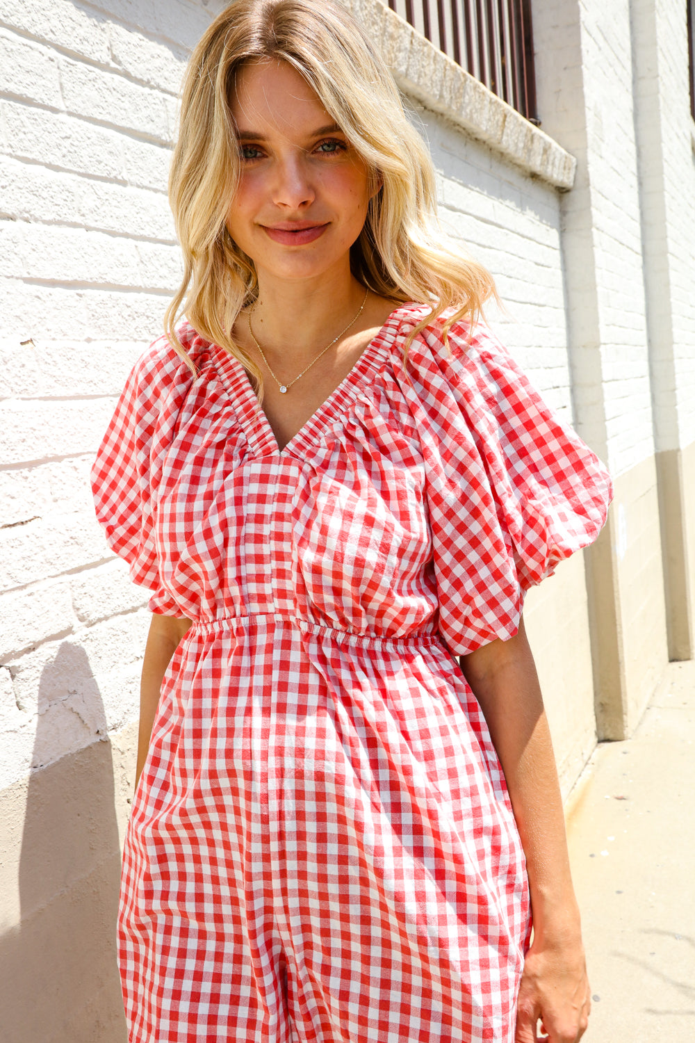 Festival Ready Cotton Red Checker Elastic V Neck Romper - Magnolia Taken Moments