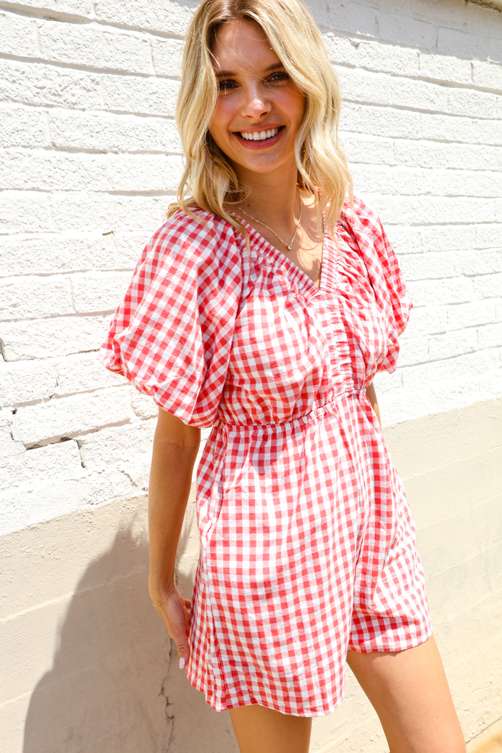 Festival Ready Cotton Red Checker Elastic V Neck Romper - Magnolia Taken Moments