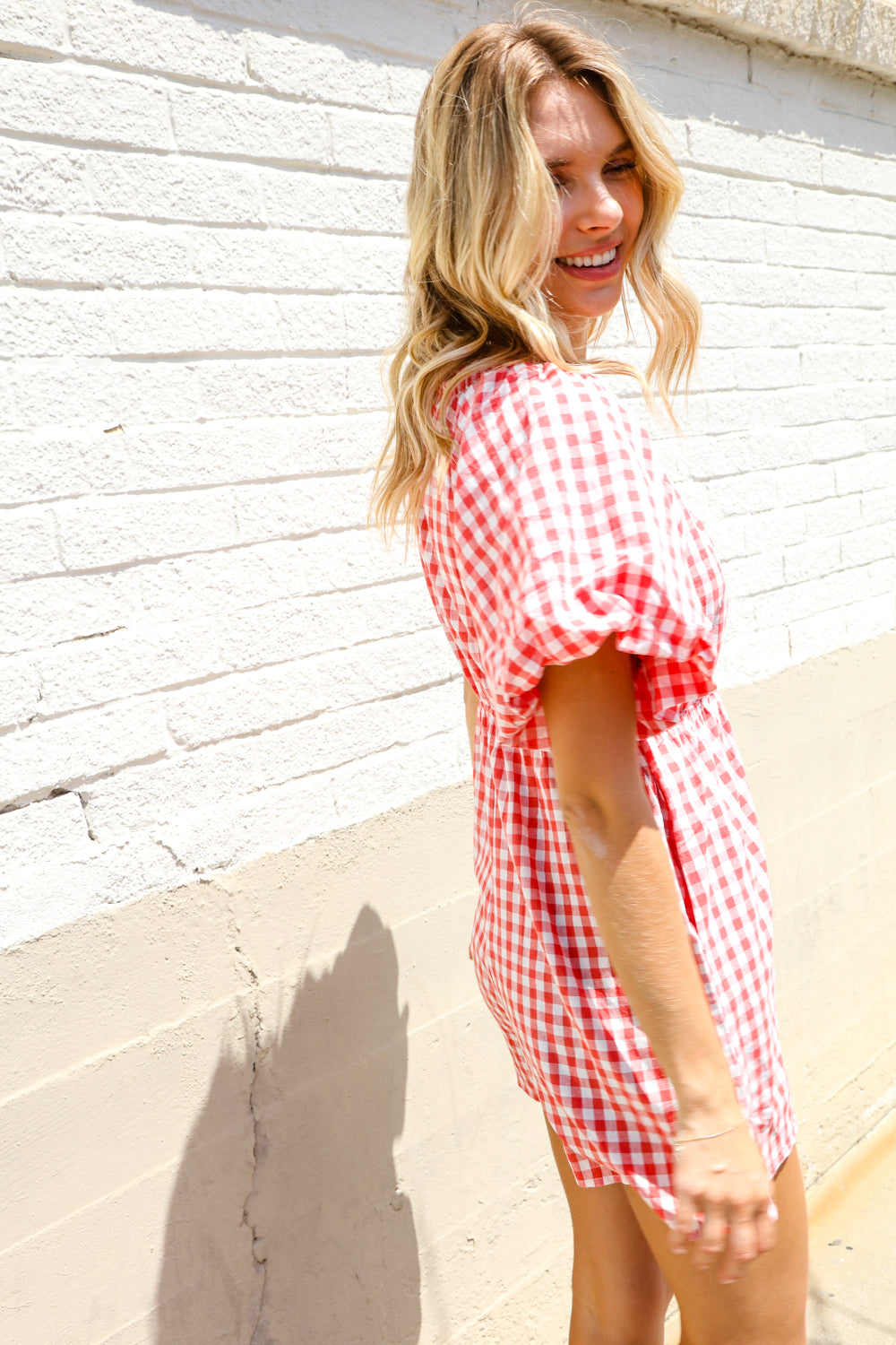 Festival Ready Cotton Red Checker Elastic V Neck Romper - Magnolia Taken Moments