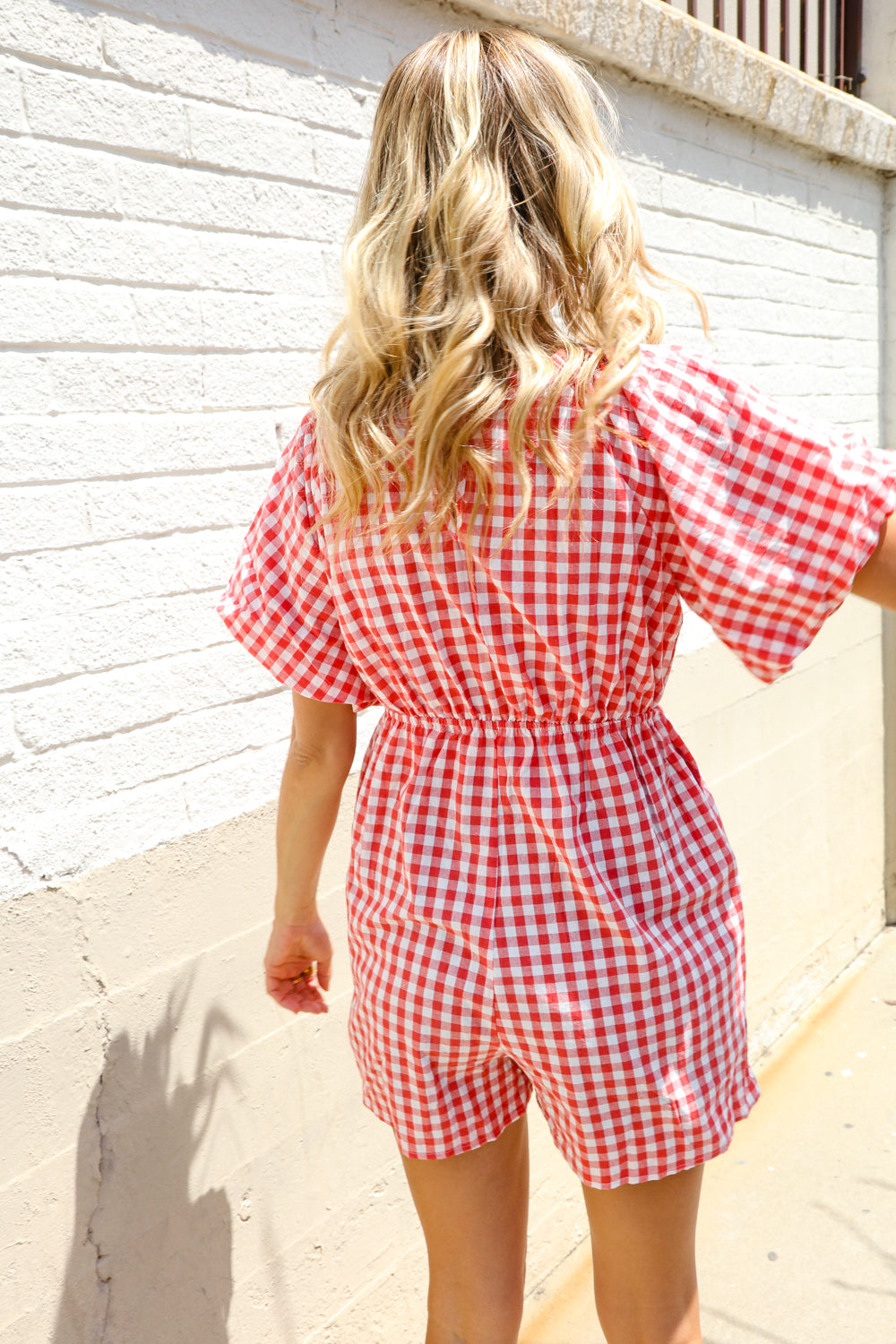 Festival Ready Cotton Red Checker Elastic V Neck Romper - Magnolia Taken Moments