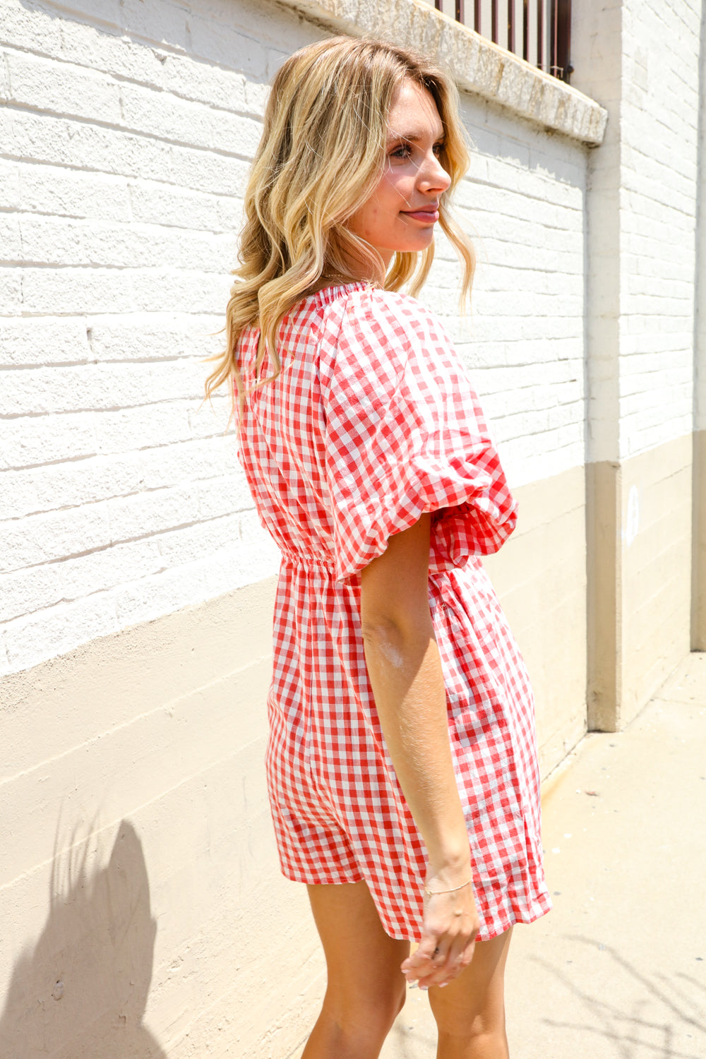 Festival Ready Cotton Red Checker Elastic V Neck Romper - Magnolia Taken Moments