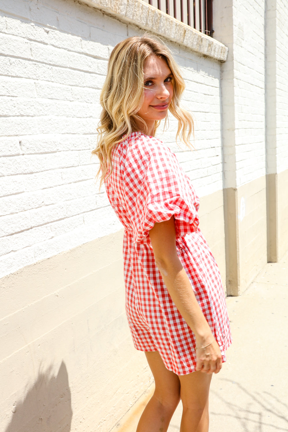 Festival Ready Cotton Red Checker Elastic V Neck Romper - Magnolia Taken Moments